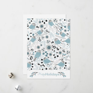 Cartes Pour Fêtes Annuelles Mésanges Oiseaux Mignons Fleurs Baies Bleu Gris