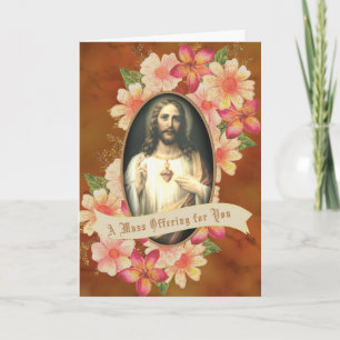 Cartes Pour Fêtes Annuelles Messe catholique offrant Floral Sacré Coeur Jésus