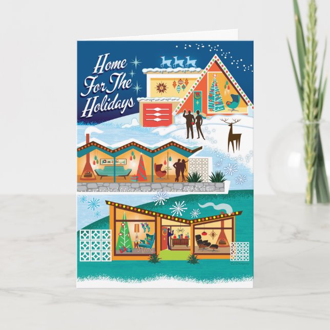 Cartes Pour Fêtes Annuelles Mi-Siècle Maison Moderne Pour Les Vacances Noël (Devant)