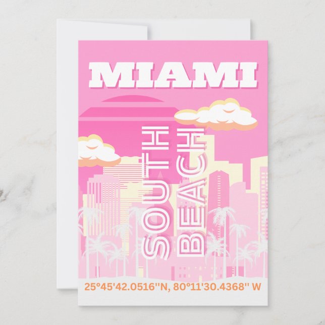 Cartes Pour Fêtes Annuelles Miami Beach, Miami Travel Art, Preppy, rose (Devant)