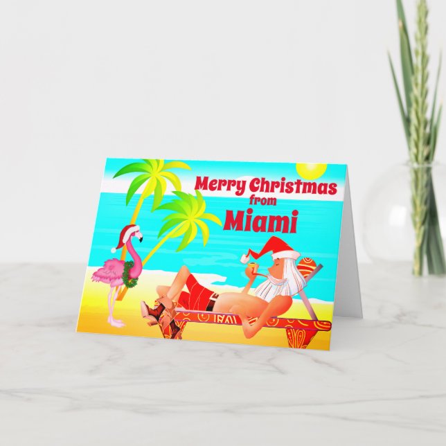 Cartes Pour Fêtes Annuelles Miami Joyeux Noël Père Noël et Flamant rose Beach (Devant)