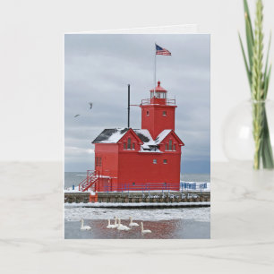 Cartes Pour Fêtes Annuelles Michigan Big Red Lighthouse avec cygnes