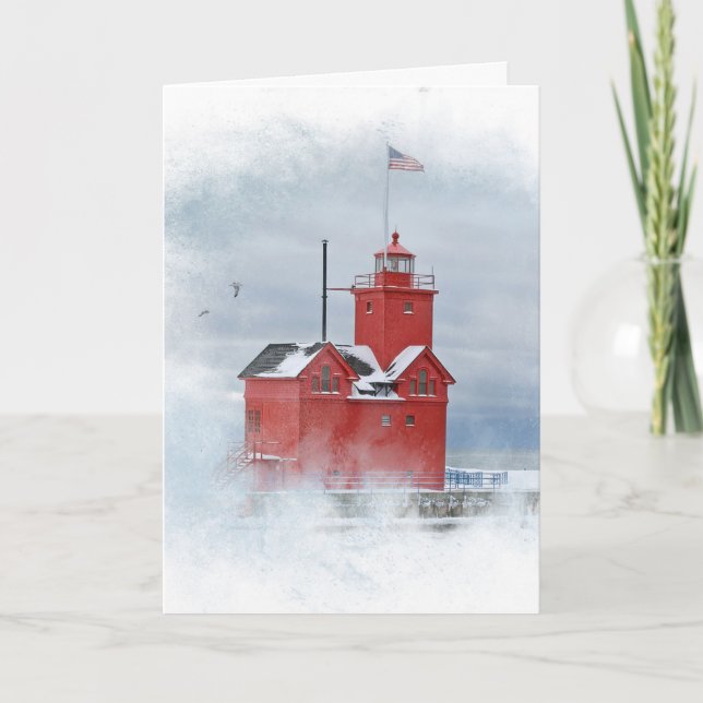 Cartes Pour Fêtes Annuelles Michigan Big Red Lighthouse En Hiver (Devant)