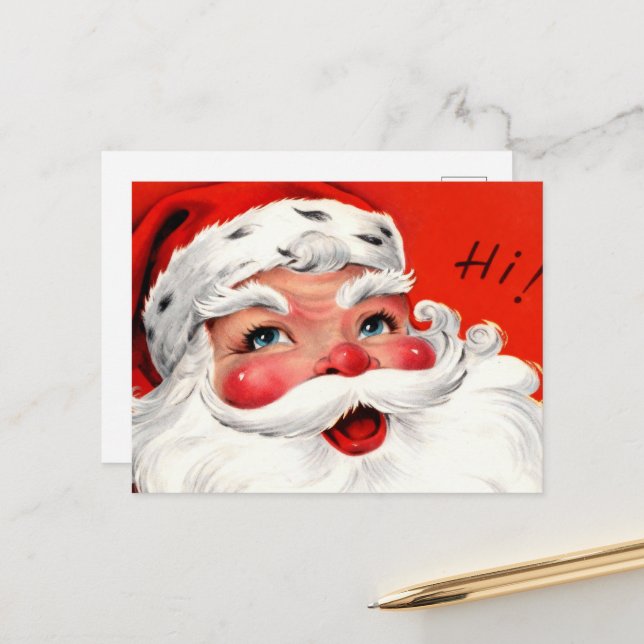 Cartes Pour Fêtes Annuelles Mid-Century Close-Up Santa (Devant/Arrière en situation)