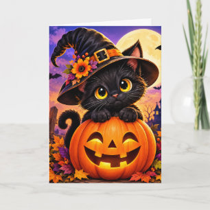 Cartes Pour Fêtes Annuelles Mignon Chat Noir Halloween Citrouille Chapeau de S