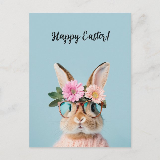 Cartes Pour Fêtes Annuelles mignon et beau lapin avec fleurs et lunettes (Devant)
