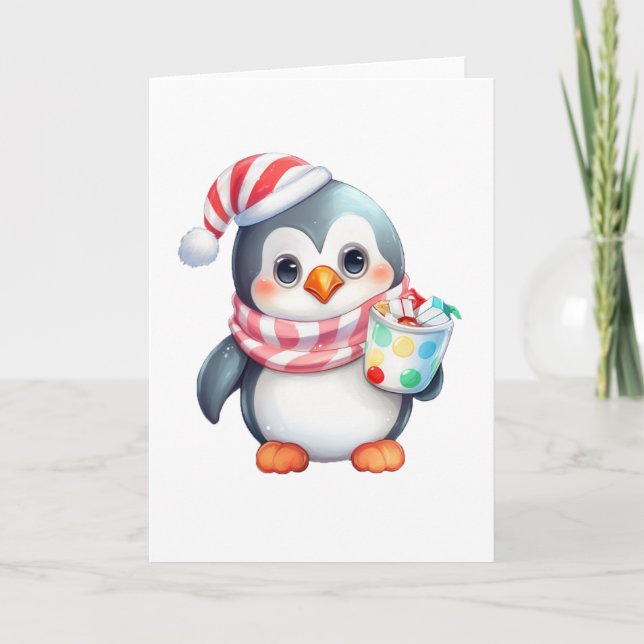 Cartes Pour Fêtes Annuelles Mignon et heureux manchot avec snack BLANK  (Devant)