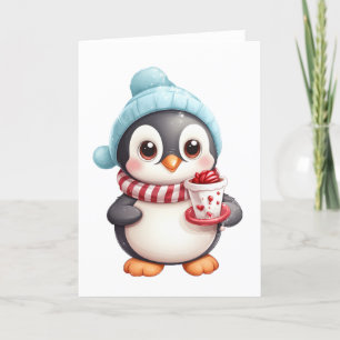 Cartes Pour Fêtes Annuelles Mignon Manchot avec Collation/Boule de Neige BLANK