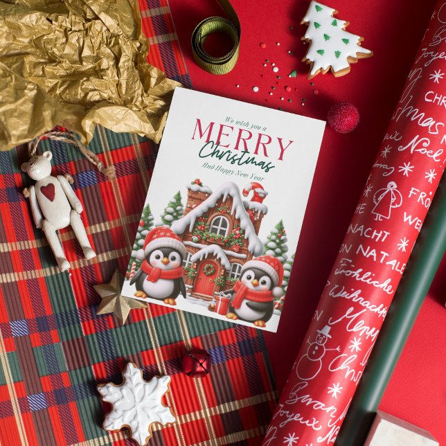 Cartes Pour Fêtes Annuelles Mignon manchot de Noël et maison en pain d'épices (Créateur téléchargé)