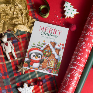 Cartes Pour Fêtes Annuelles Mignon manchot de Noël et maison en pain d'épices