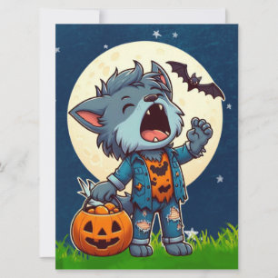 Cartes Pour Fêtes Annuelles Mignon monstre loup-garou hurlant avec citrouille