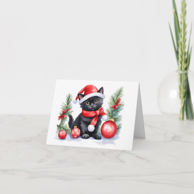 Cartes Pour Fêtes Annuelles Mignon petit chaton noir de Noël avec des boules d (Devant)