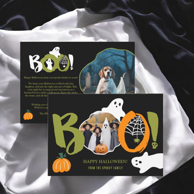 Cartes Pour Fêtes Annuelles Mignon Vert moderne Boo fantômes 2 photos Hallowee (Cute Modern green Boo ghosts 2 photos Halloween Holiday Card)