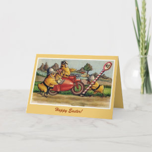 Cartes Pour Fêtes Annuelles mignon vintage poussins motocyclistes de Pâques