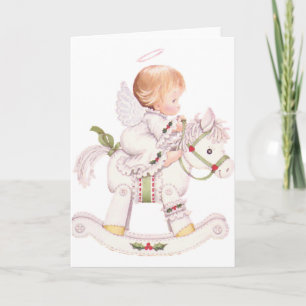 Cartes Pour Fêtes Annuelles Mignonne Ange sur un Cheval Rocse de Noël blanc