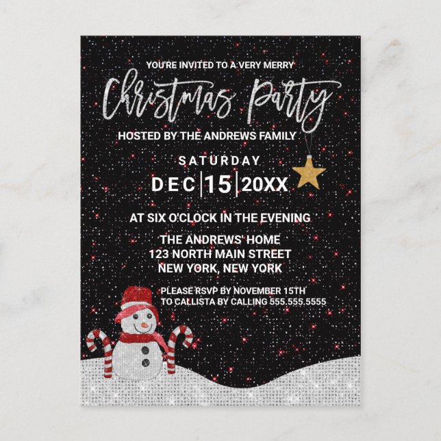 Cartes Pour Fêtes Annuelles Mignonne Blanc Rouge Snowman Nuit Ciel Parties sci (Devant)