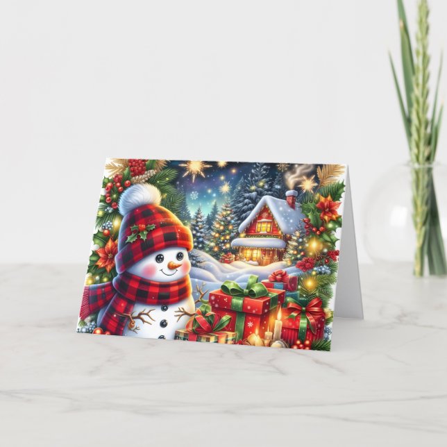 Cartes Pour Fêtes Annuelles Mignonne bonhomme de neige en Casquette de plaid N (Devant)