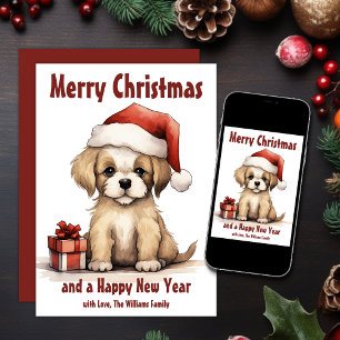 Cartes Pour Fêtes Annuelles Mignonne chiot portant un chien de chapeau de Noël