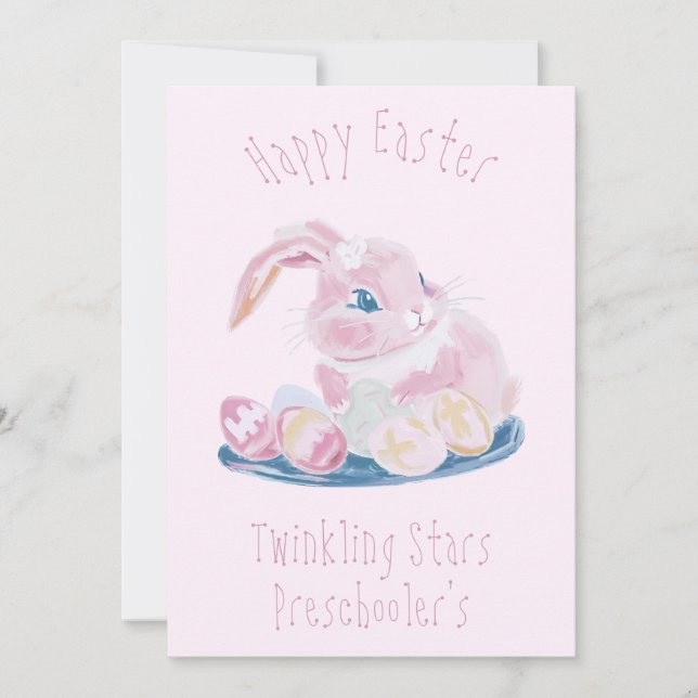 Cartes Pour Fêtes Annuelles Mignonne Lapin De Pâques Avec Oeufs Enseignant Pré (Devant)