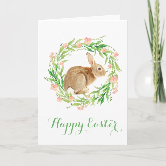 Cartes Pour Fêtes Annuelles Mignonne lapin de Pâques dans la couronne fleurie (Devant)