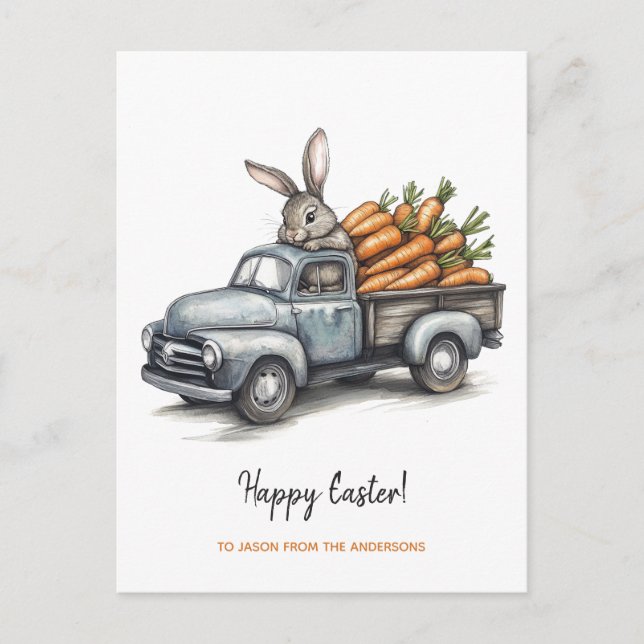Cartes Pour Fêtes Annuelles Mignonne lapin de Pâques en camion vintage rustiqu (Devant)