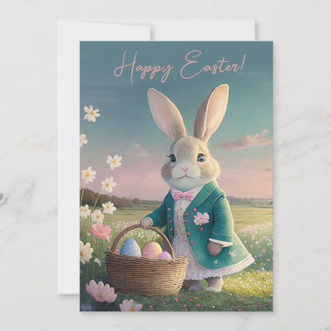 Cartes Pour Fêtes Annuelles Mignonne lapin de Pâques en petite veste bleue (Devant)