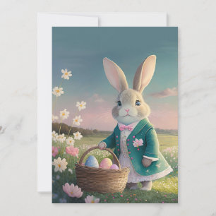 Cartes Pour Fêtes Annuelles Mignonne lapin de Pâques en petite veste bleue