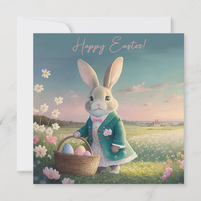 Cartes Pour Fêtes Annuelles Mignonne lapin de Pâques en petite veste bleue (Devant)