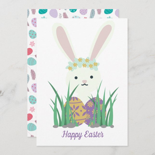 Cartes Pour Fêtes Annuelles Mignonne Lapin et Oeufs de Pâques Printemps (Devant / Derrière)