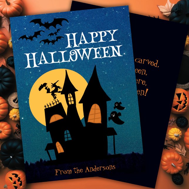 Cartes Pour Fêtes Annuelles Mignonne Maison Hantée Joyeux Halloween Personnali (Cute Haunted House Happy Halloween Custom Holiday Card)