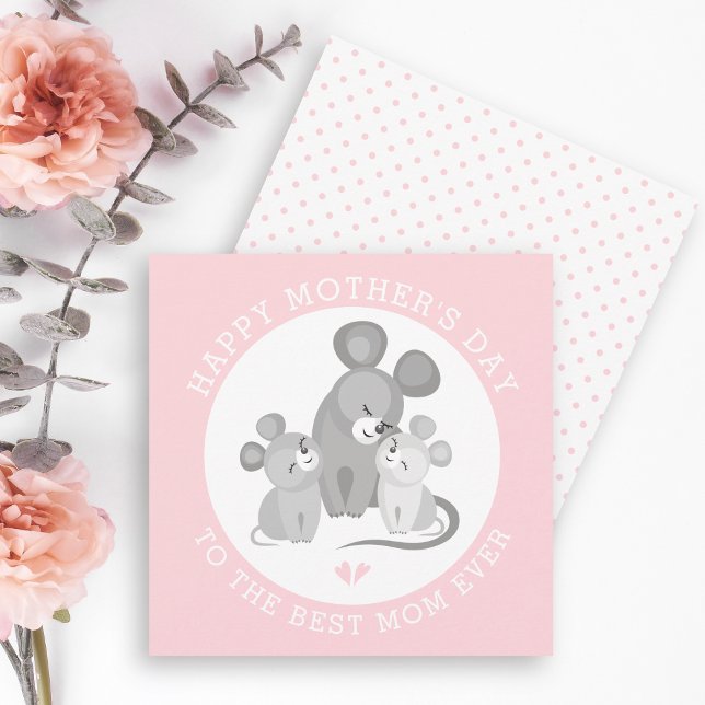 Cartes Pour Fêtes Annuelles Mignonne souris mère et bébés rose Fête des mères (Créateur téléchargé)