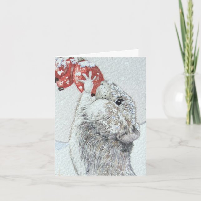Cartes Pour Fêtes Annuelles Mignonne souris rouge baies neige scène faune (Devant)