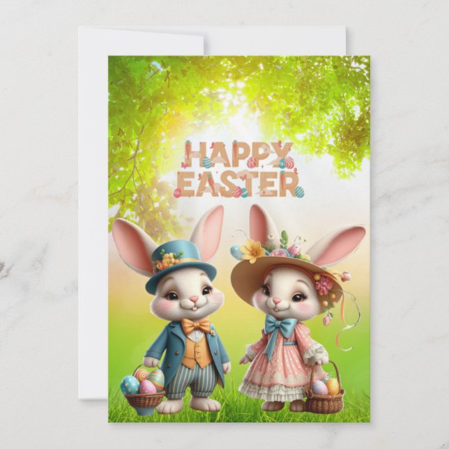 Cartes Pour Fêtes Annuelles Mignonne, Whimsical Joyeuse Pâques avec 2 lapins (Devant)