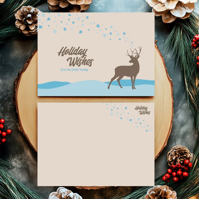 Cartes Pour Fêtes Annuelles Mignonnette fantaisie sans photo hiver Bois Cerf (Whimsy non photo holiday card with deer in winter scene and light blue stars.)