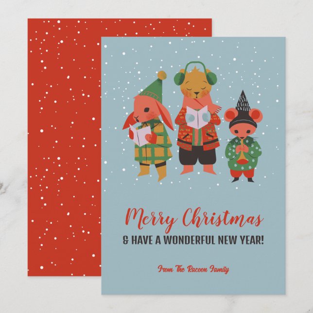 Cartes Pour Fêtes Annuelles Mignons animaux en bois chante Carol Joyeux Noël (Devant / Derrière)