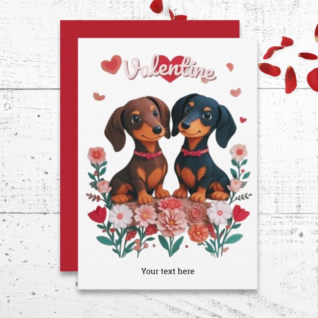 Cartes Pour Fêtes Annuelles Mignons Chiens Saucisses de la Saint-Valentin (A cute Valentine's Day card, featuring two adorable dachshunds, with hearts, flowers and custom text)