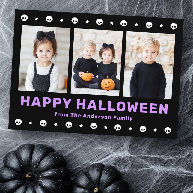 Cartes Pour Fêtes Annuelles Mignons crânes et étoiles noir violet photo Hallow (Cute skulls and stars black purple Halloween photo Holiday Card)