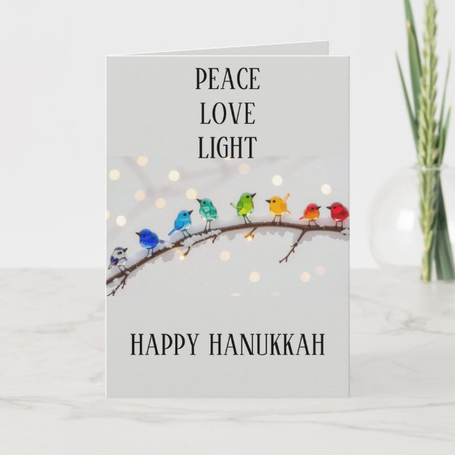 Cartes Pour Fêtes Annuelles Mignons oiseaux Peace Love Light Hanoukka (Devant)