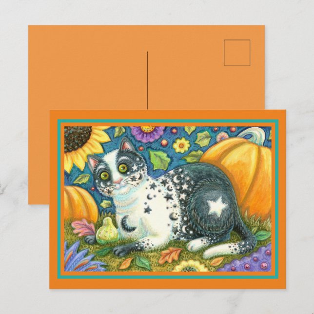CARTES POUR FÊTES ANNUELLES MILKYWAY, UN CHAT MYSTIQUE HALLOWEEN, LUNE & ÉTOIL (Devant / Derrière)