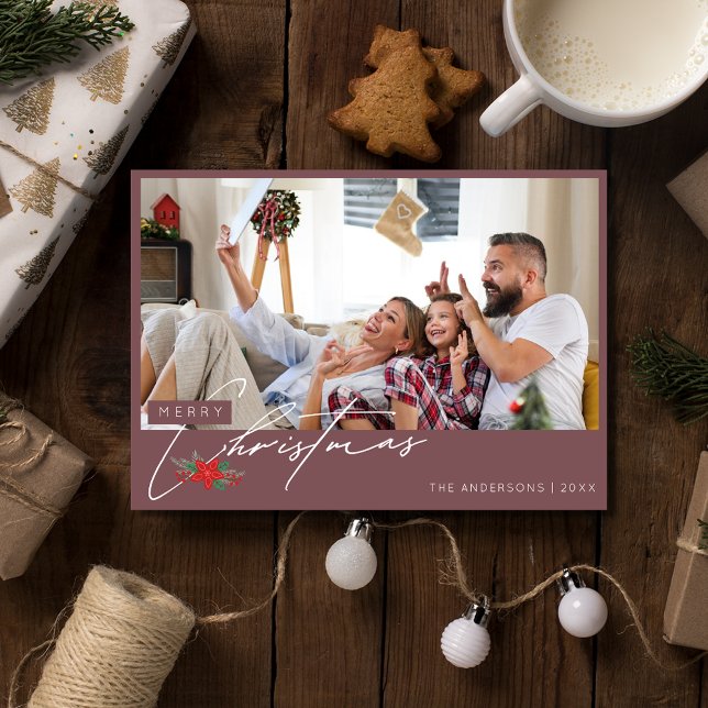Cartes Pour Fêtes Annuelles Mini-Bourgogne Famille photo Noël (Minimalist Burgundy Family Photo Christmas Holiday Card)
