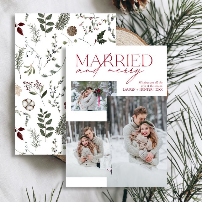 Cartes Pour Fêtes Annuelles Mini-marié rouge et joyeux photo nouvellement mari (Easily personalize this newlywed photo holiday card with your favorite image and deets)