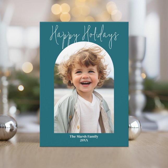 Cartes Pour Fêtes Annuelles Miniature moderne - botanique vert turquoise (A festive botanical holiday card with 1 photo in a modern arch)
