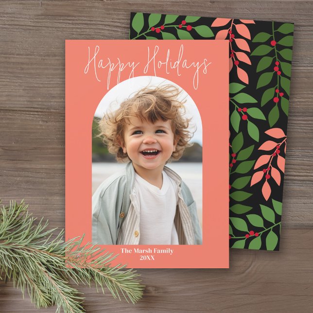 Cartes Pour Fêtes Annuelles Miniature moderne photo - corail botanique noir (Modern photo arch - A berry botanical holiday card with coral, green and black leaves and berries.)