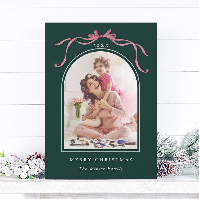 Cartes Pour Fêtes Annuelles Minimal Deep Blush Pink Bow Christmas Photo Green (Créateur téléchargé)