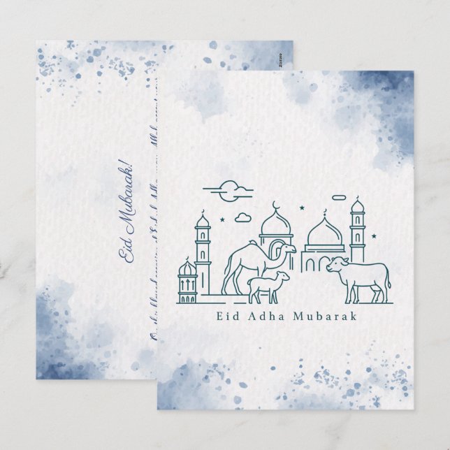 Cartes Pour Fêtes Annuelles Minimal Eid al Adha Mosque and Animals Line Art  (Devant / Derrière)