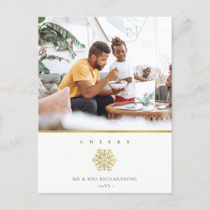 Cartes Pour Fêtes Annuelles Minimal Elegant Gold Snowflake Photo Cheers