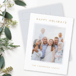 Cartes Pour Fêtes Annuelles Minimal Simple White | Christmas Family Photo<br><div class="desc">Simple, stylish, trendy holiday photo postcard with modern minimal typography quote "Happy Holidays" in gold on a clean simple white background with semi transparent soft gray oversized picture corners. The name, year and greeting can be easily customized for a personal touch. A elegant, minimalist and contemporary christmas card to stand...</div>