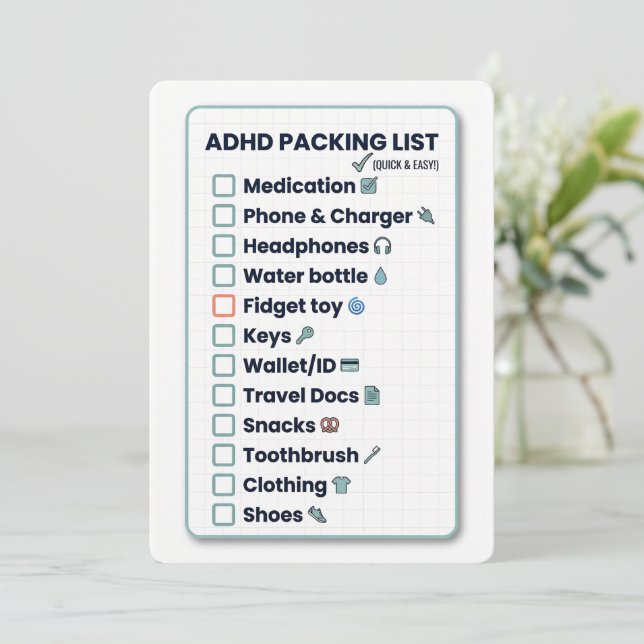 Cartes Pour Fêtes Annuelles Minimalist ADHD Packing List Travel Checklist Card (Debout devant)