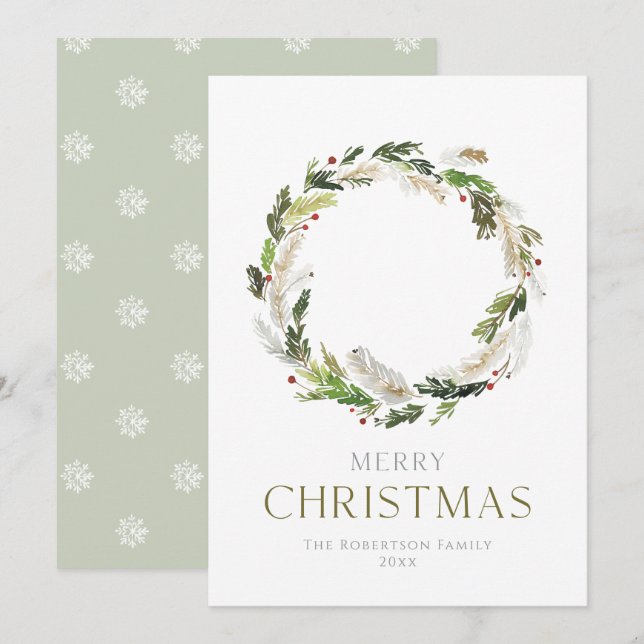 Cartes Pour Fêtes Annuelles Minimalist Christmas Card with Greenery Wreath (Devant / Derrière)