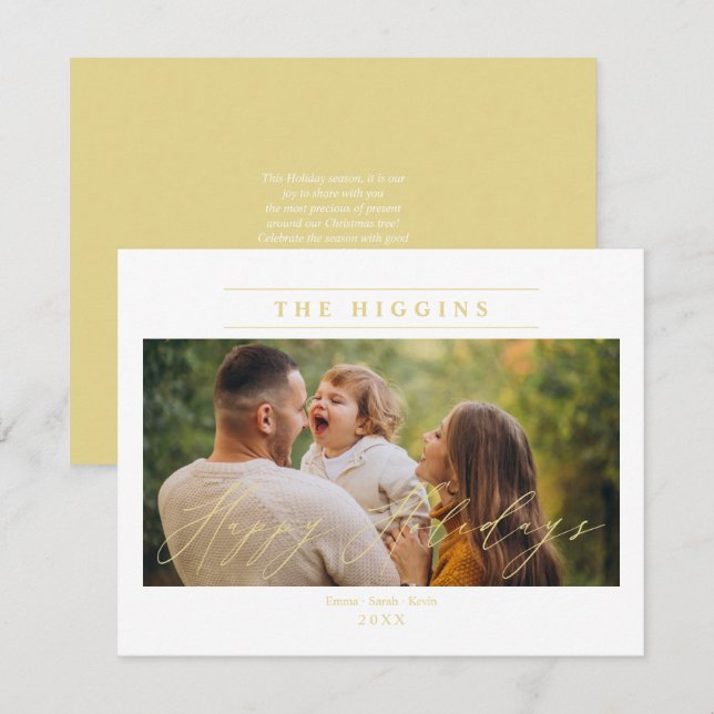 Cartes Pour Fêtes Annuelles Minimalist Golden Happy Holidays Photo Family (Devant / Derrière)